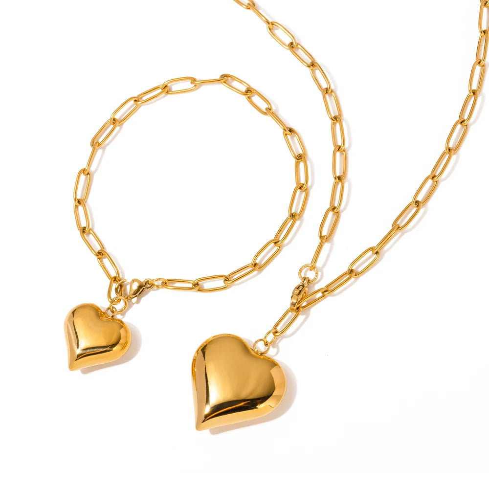 Chubby Heart Paper Clip Chain Bracelet Necklace And Bracelet Set