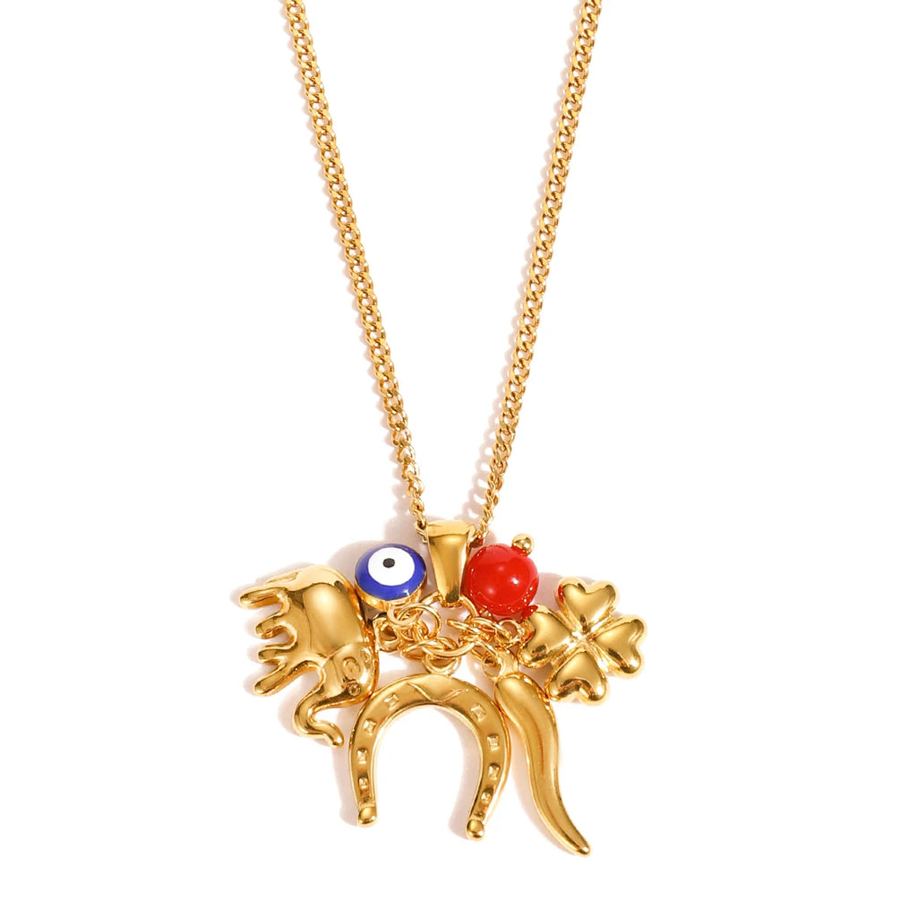 Horseshoe Elephant Evil Eye Pendant Necklace