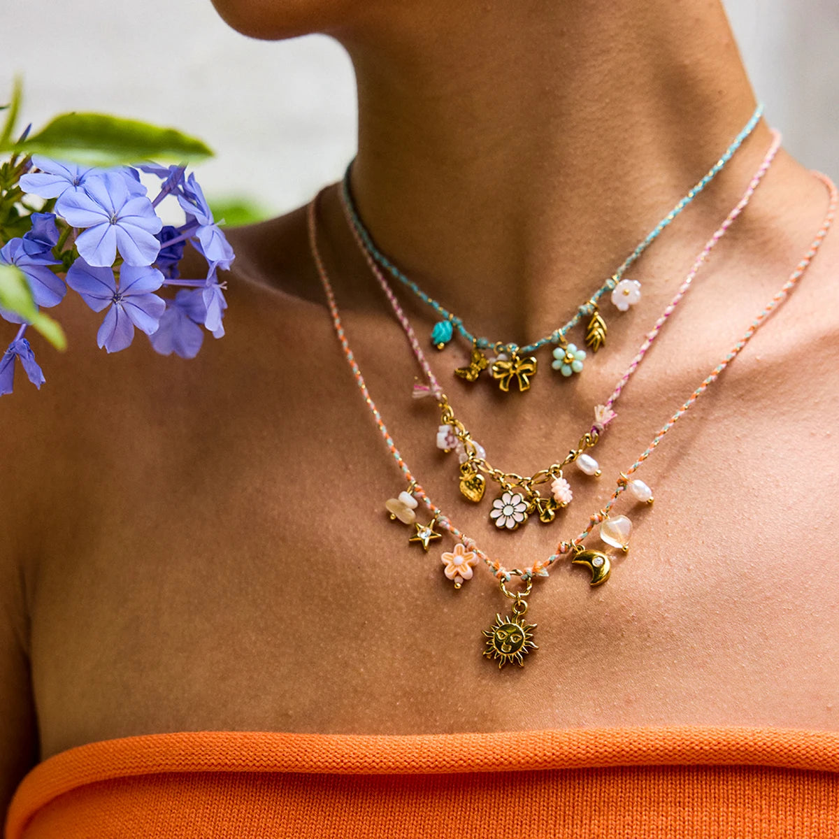 Bohemian Summer Flower Moon Sun Colorful Rope Pendant Necklace