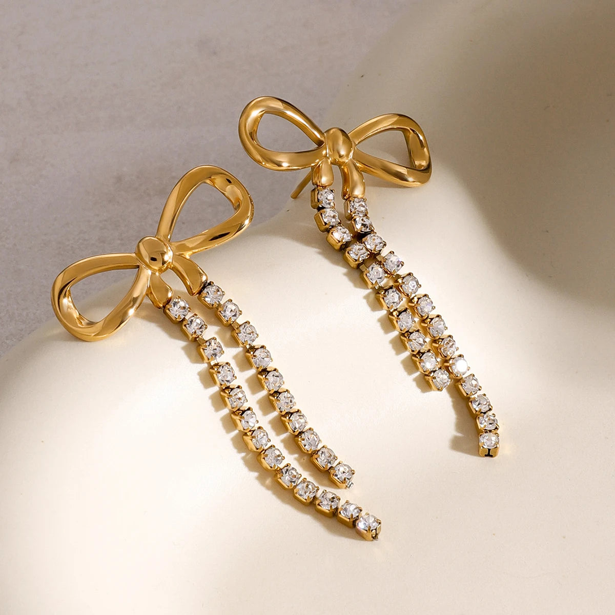 Bowknot Hanging Rhinestone Chain Earrings