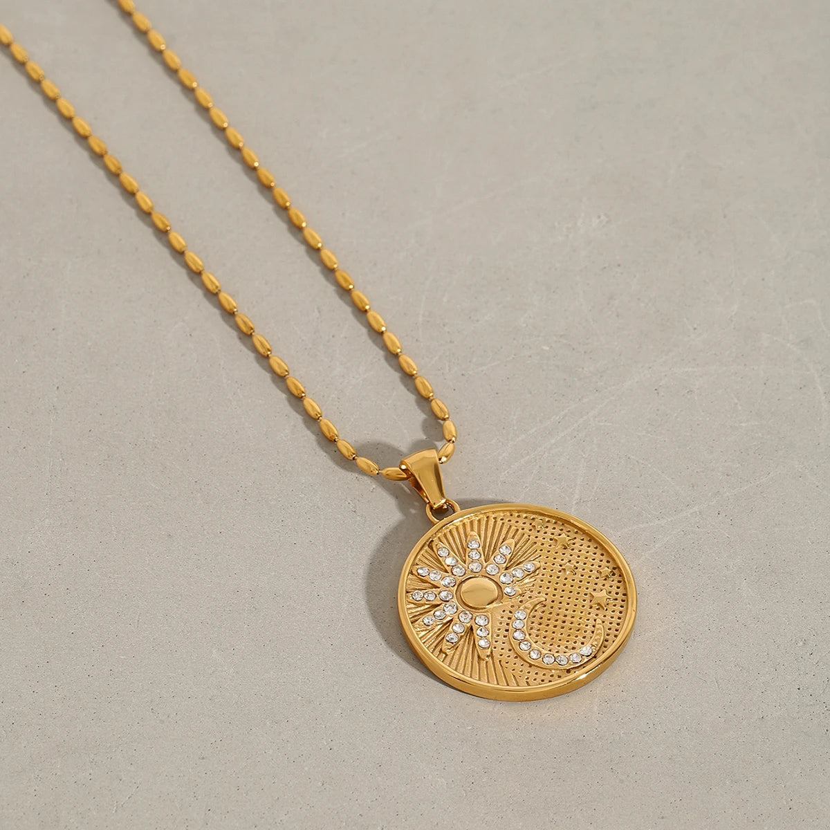 Classic Retro Gold Plated Stainless Steel White Zircon Sun Moon Star Circle Pendant Necklace