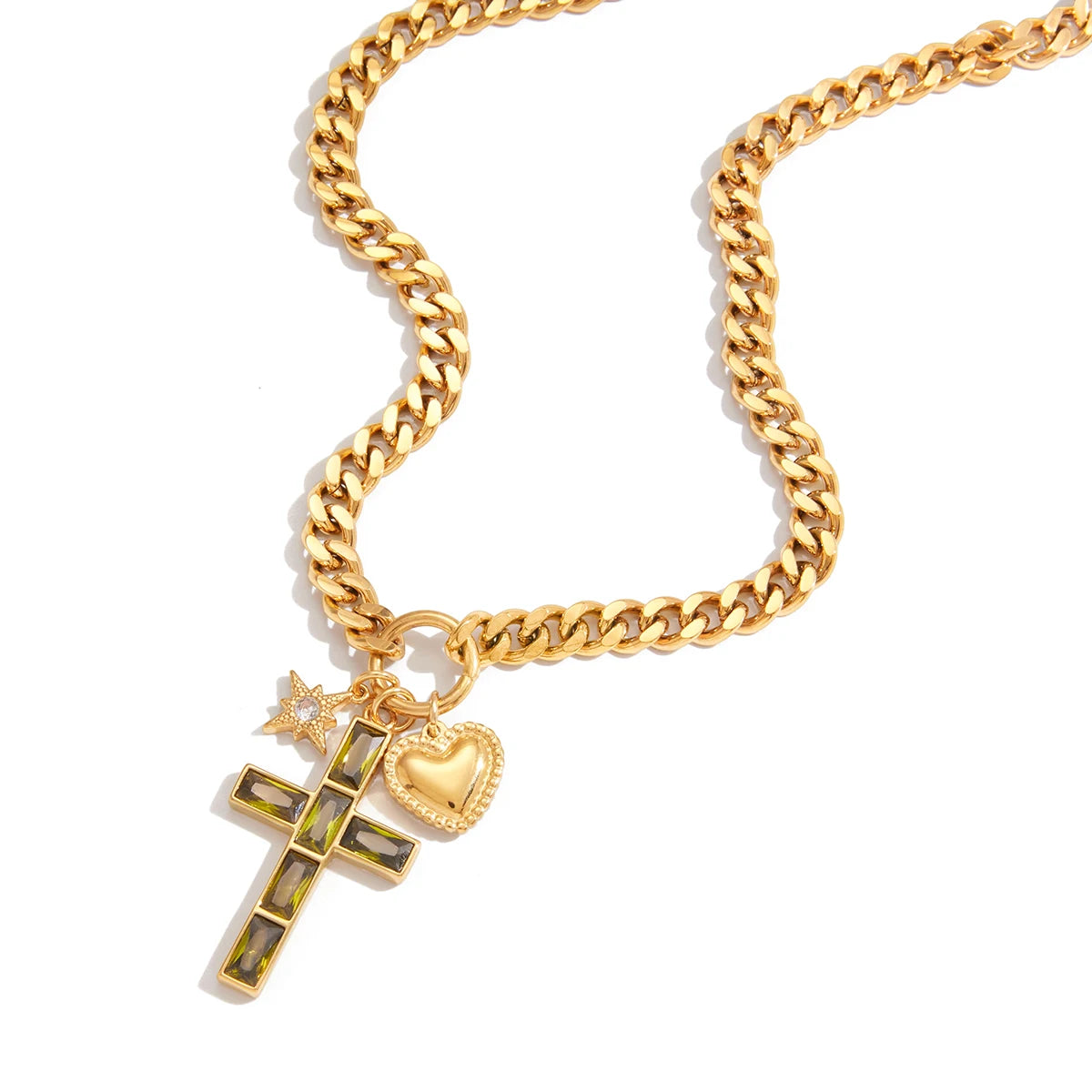 Classic Heart Zircon Star Cross Pendant Necklace