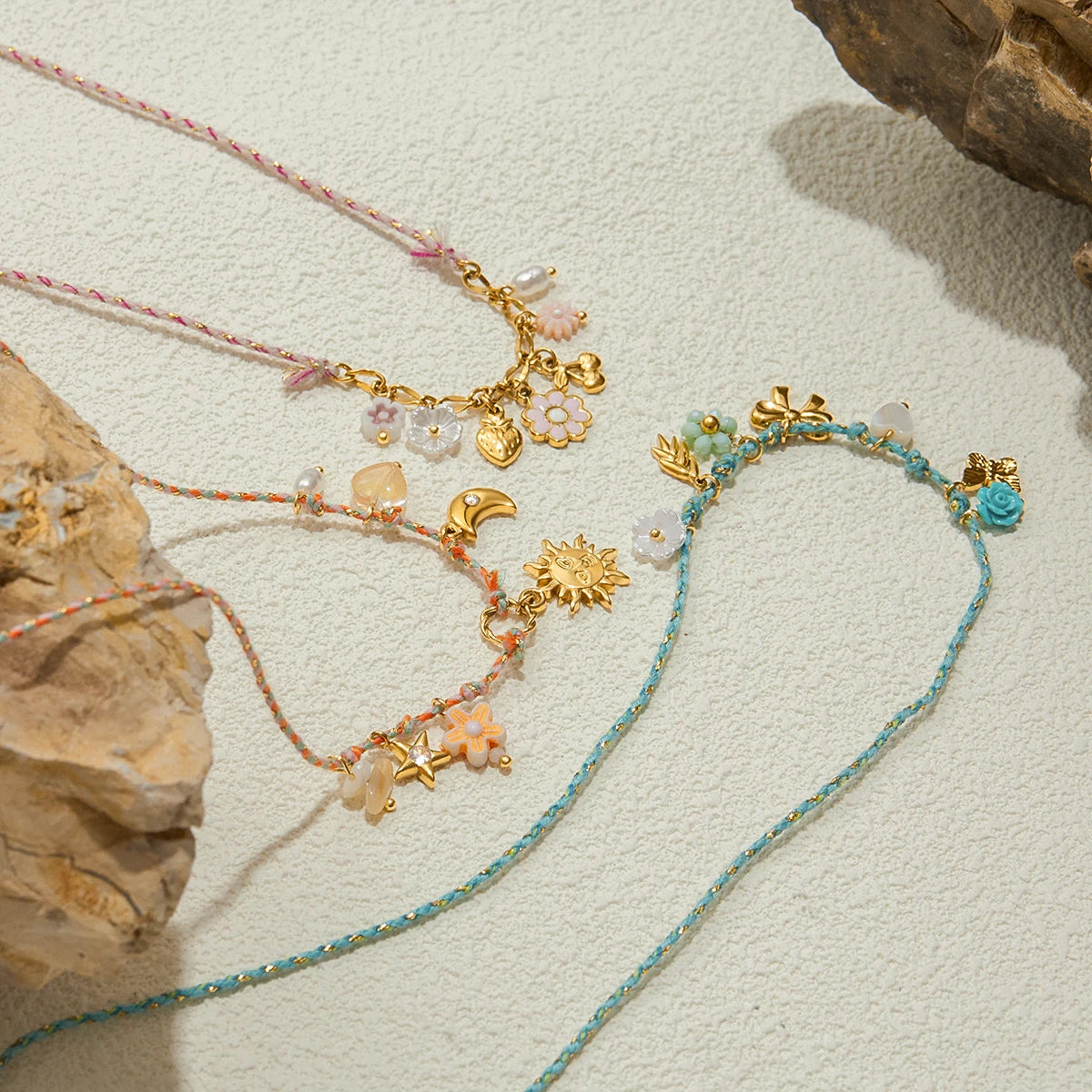 Bohemian Summer Flower Moon Sun Colorful Rope Pendant Necklace