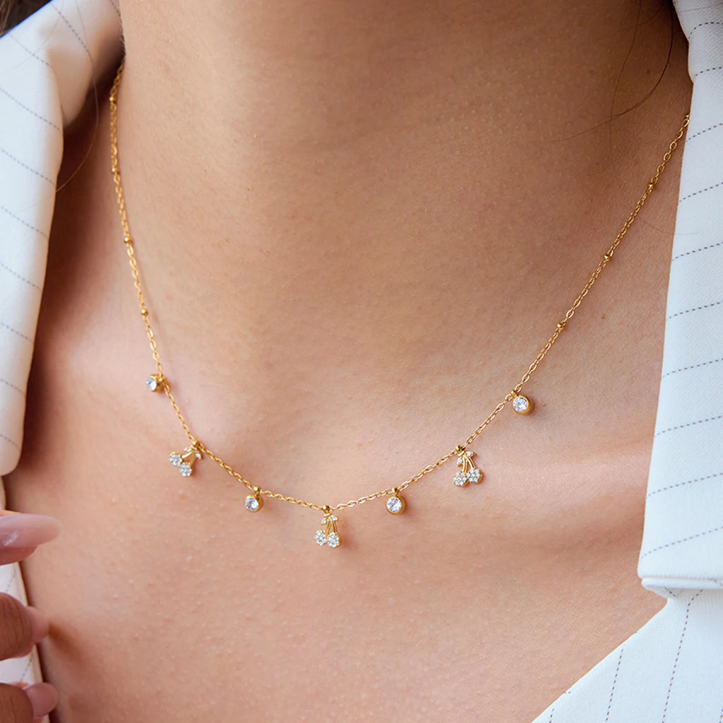 White Rhinestones Cherry Pendant Necklace
