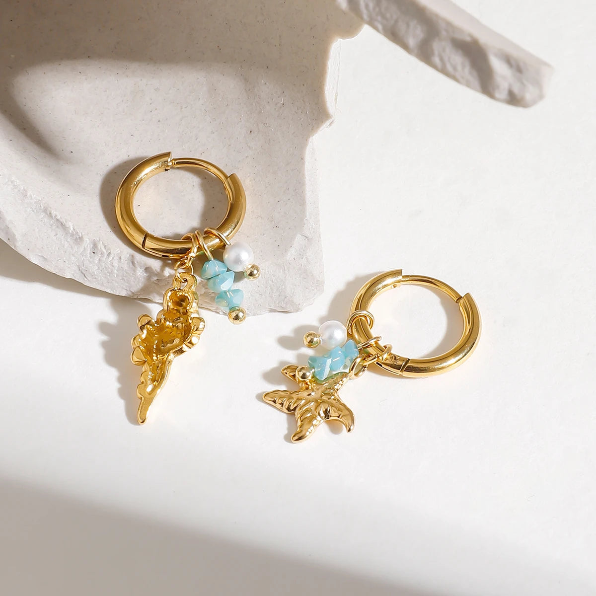 Pearl Hammer Pattern Starfish Conch Drop Earrings