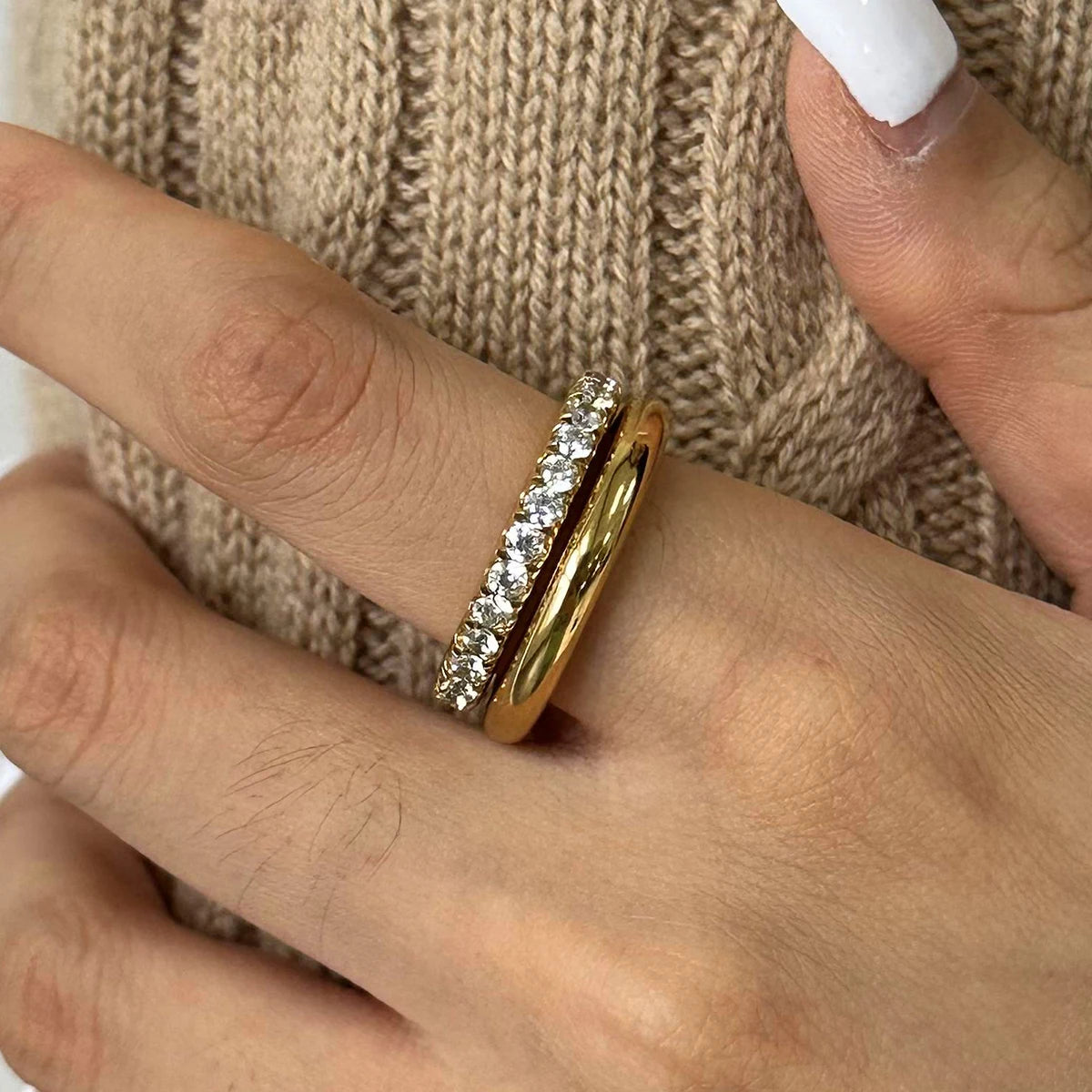 Glossy Shine Stainless Steel White Cubic Zirconia Double Layer Ring