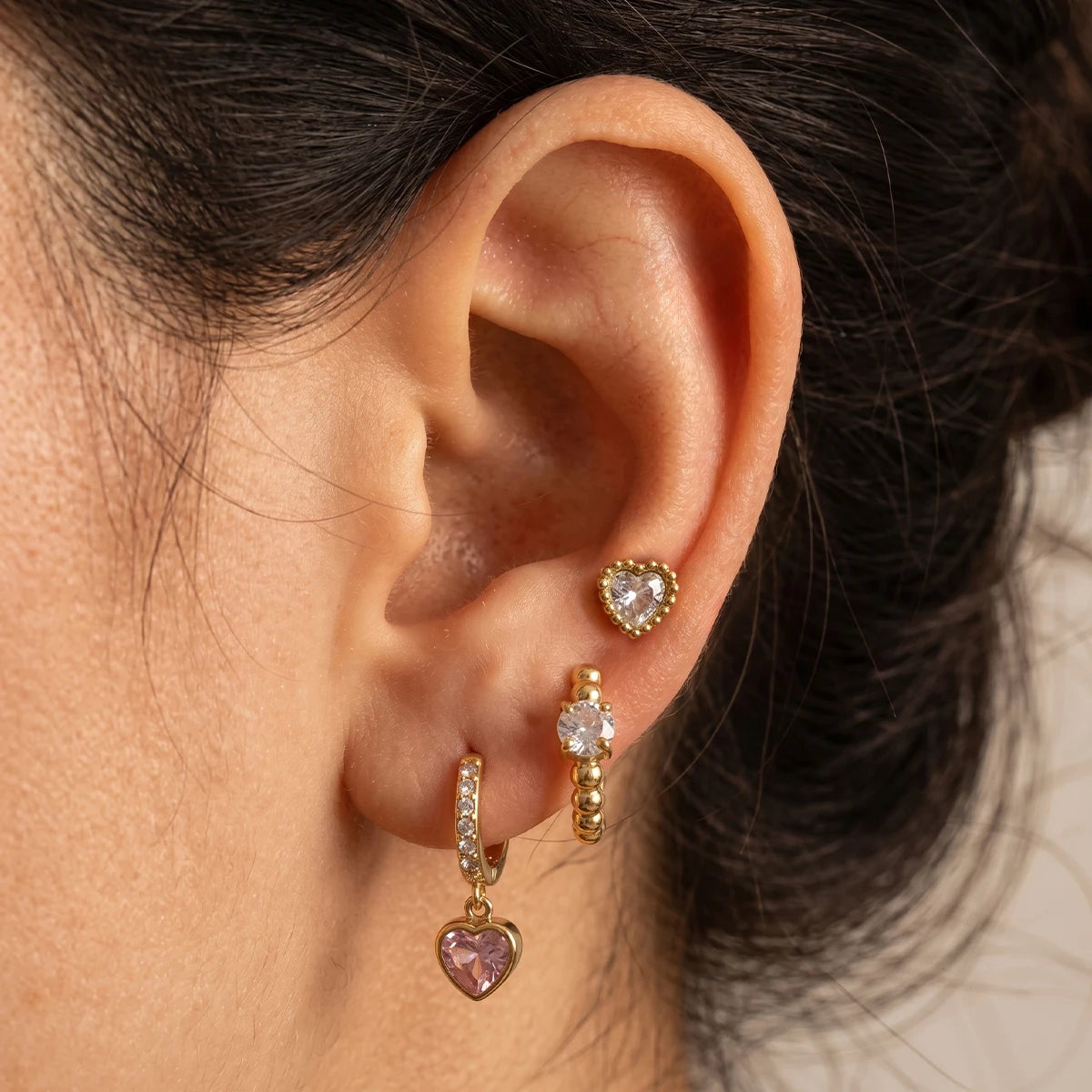 3pcs/set Sweet Pink Heart Zircon Pendant Drop Earring