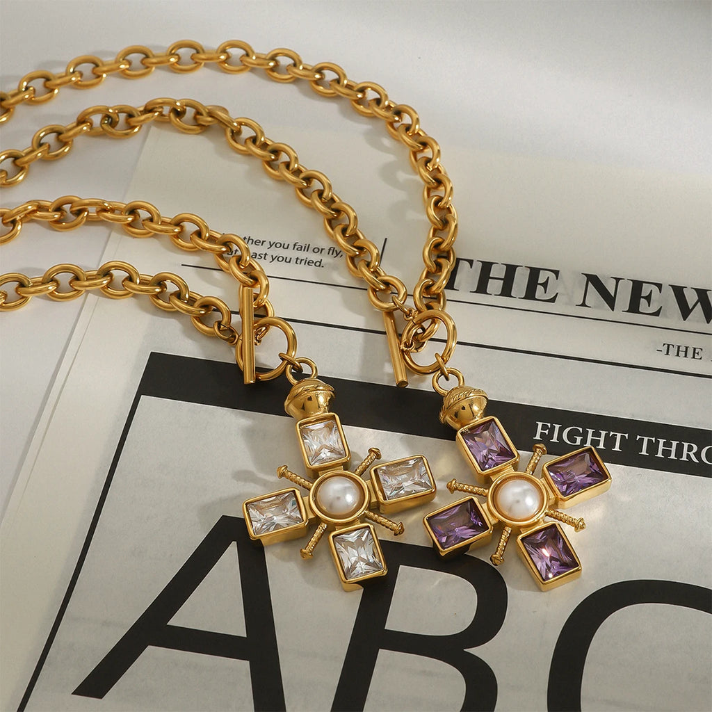 Rhinestone Pearl Cross Pendant Necklace