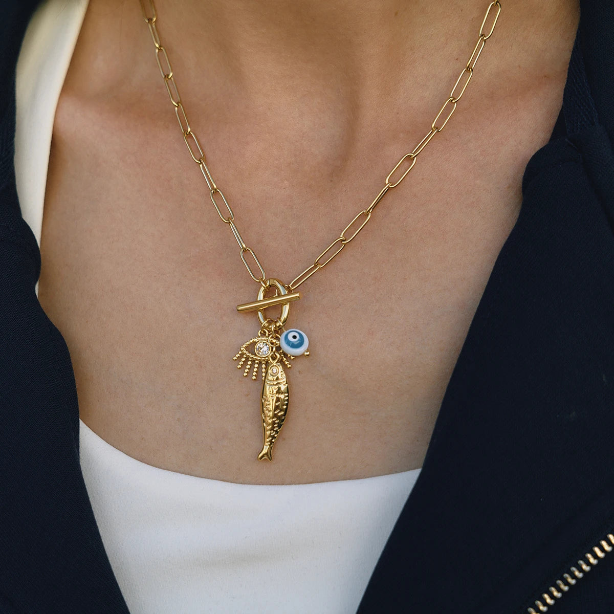 Lucky Fish Evil Eye Pendant Necklace