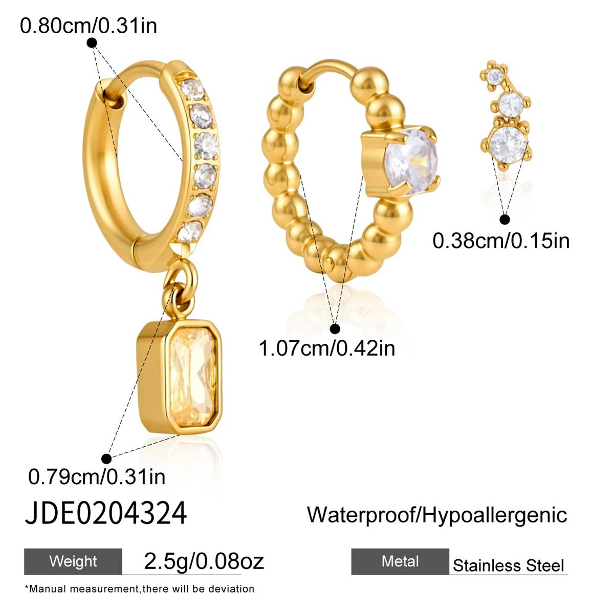 3pcs/set Yellow Square Zircon Stainless Steel Earring
