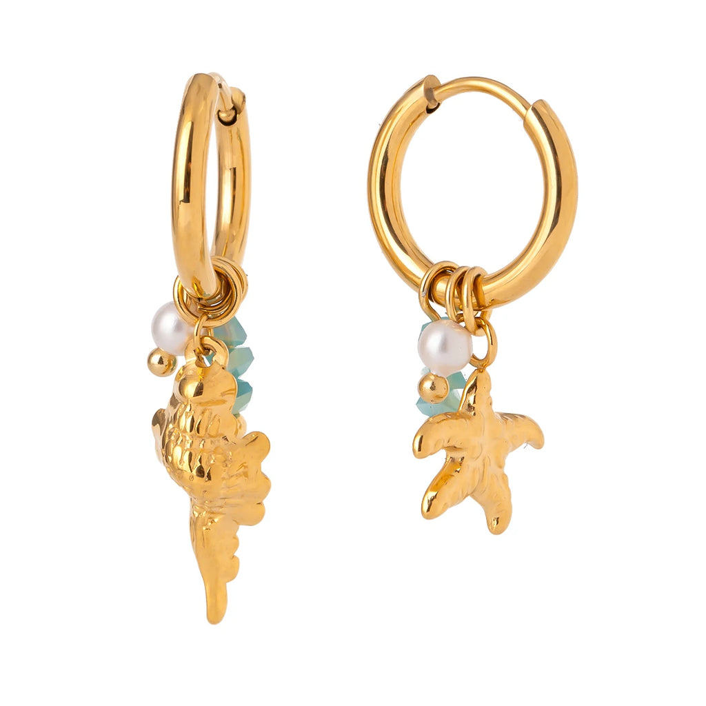 Pearl Hammer Pattern Starfish Conch Drop Earrings