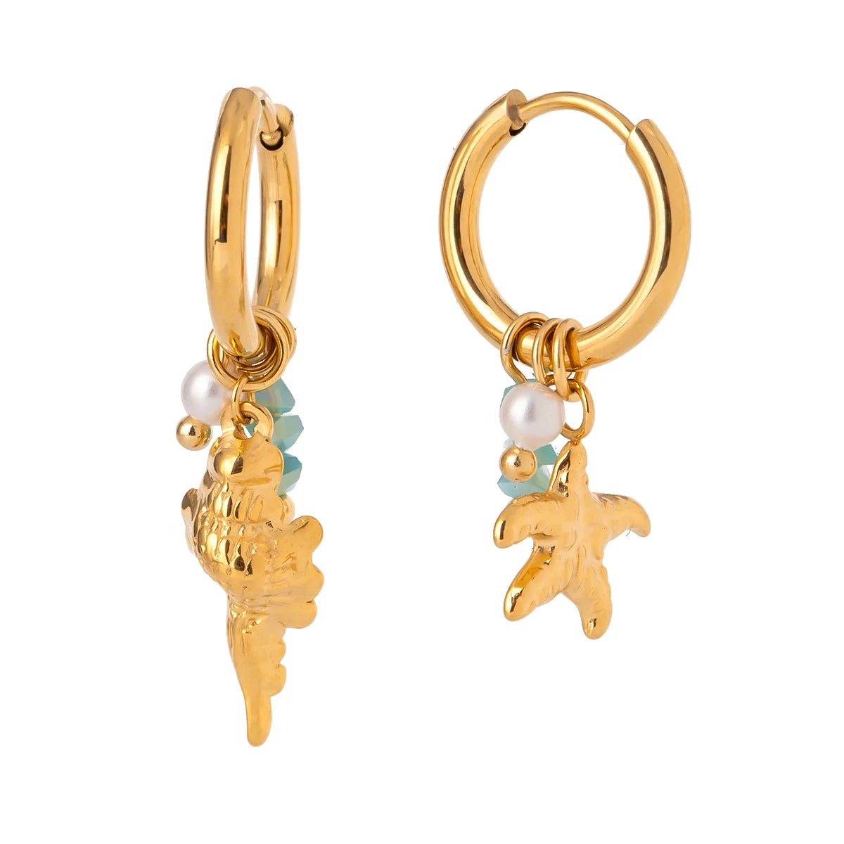 Pearl Hammer Pattern Starfish Conch Drop Earrings