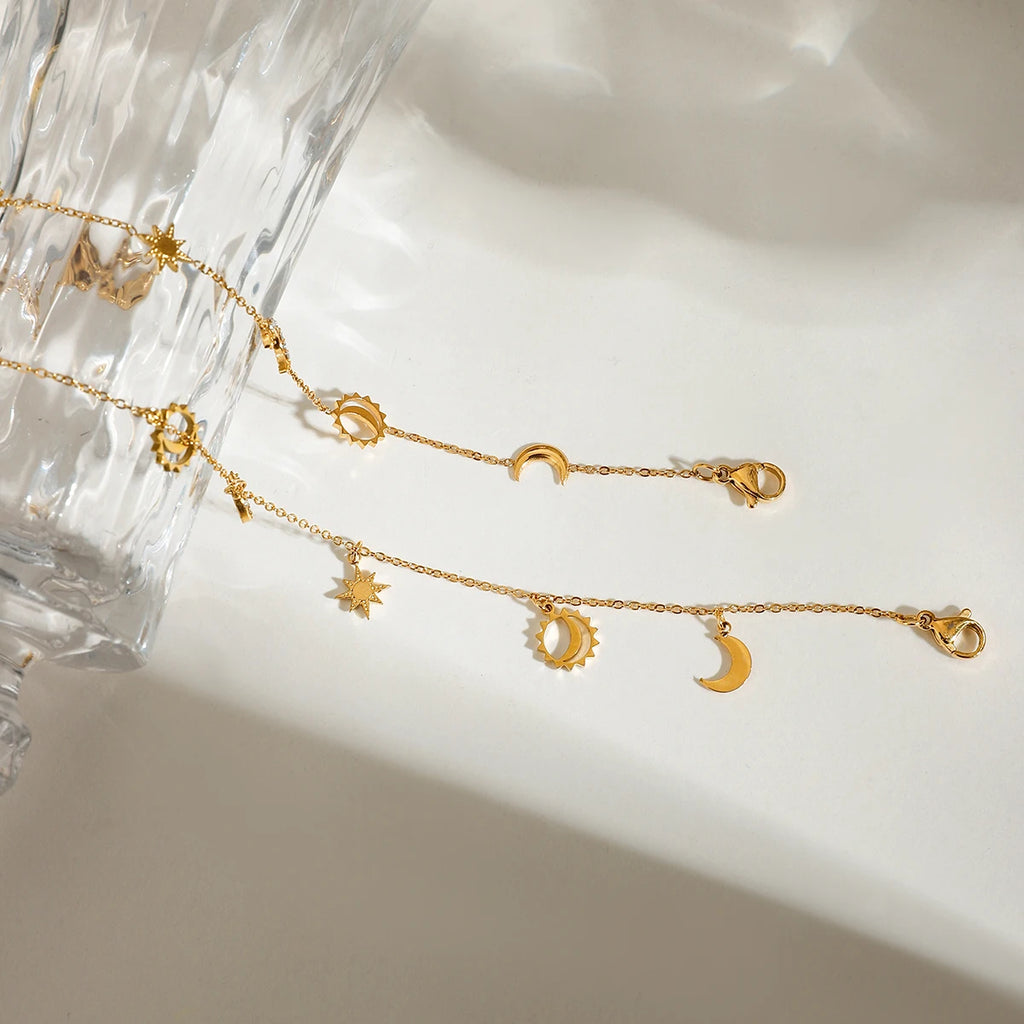 Diamonds Star & Moon Charms Drop Bracelet