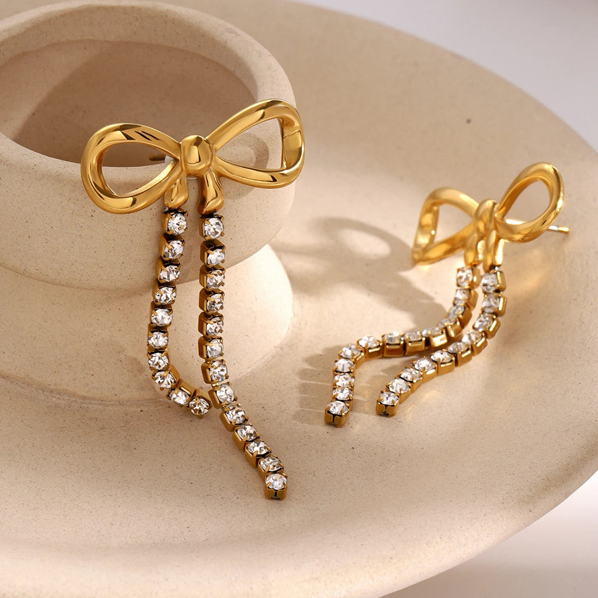 Bowknot Hanging Rhinestone Chain Earrings