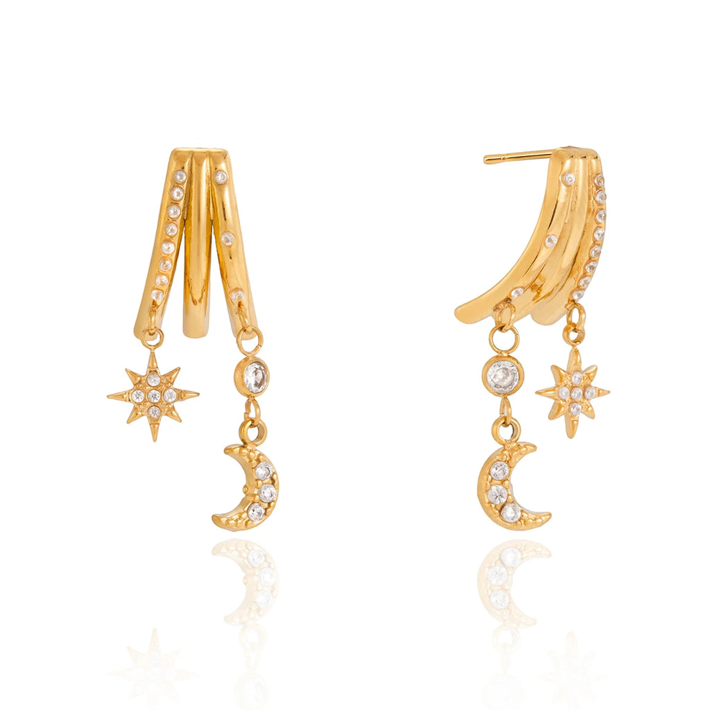 Crystal Moon Star Round Zircon Drop Earrings