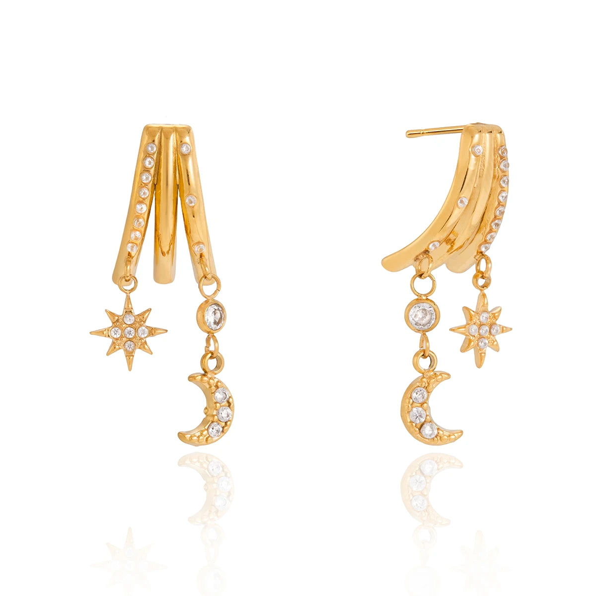 Crystal Moon Star Round Zircon Drop Earrings