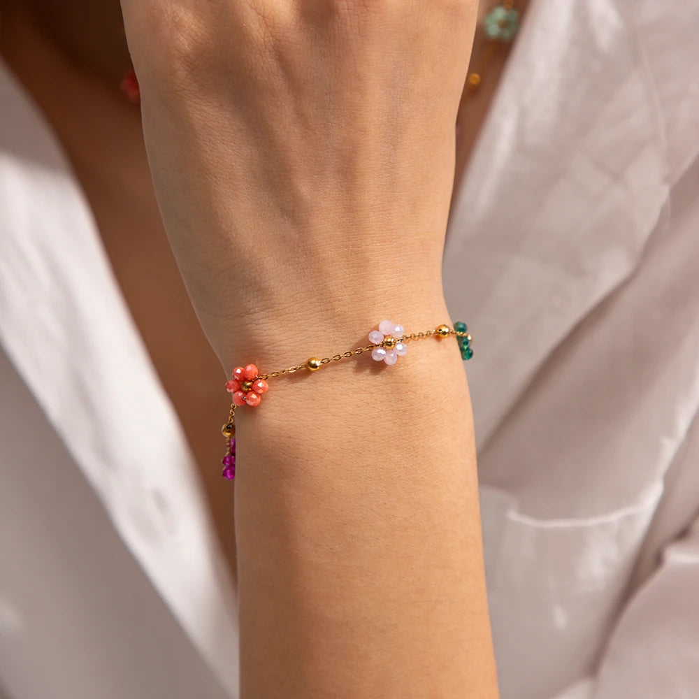 Colorful Floral Chain Bracelet Necklace Set