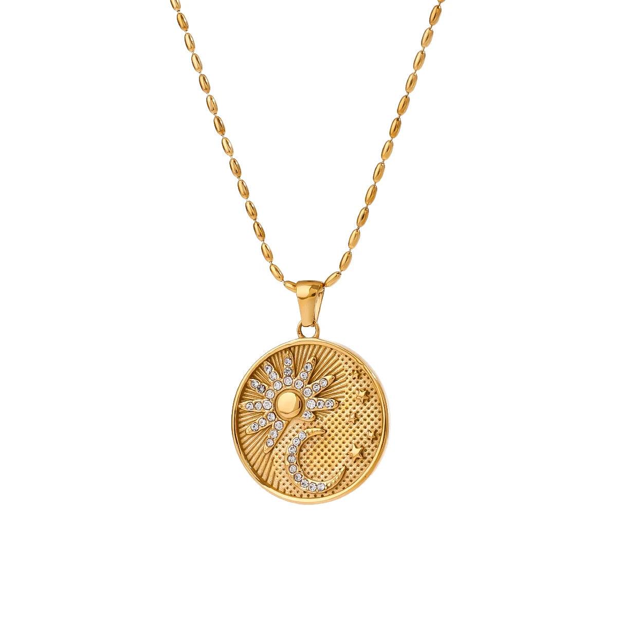 Classic Retro Gold Plated Stainless Steel White Zircon Sun Moon Star Circle Pendant Necklace
