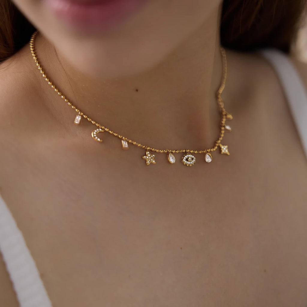 Exquisite Zircon Eye Star Moon Pendant Necklace