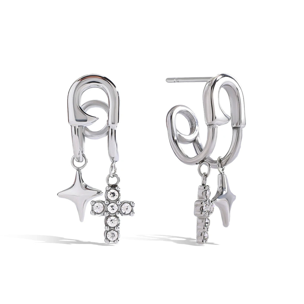 White Zirconia Cross Quadrangle Pendant Dangle Earring