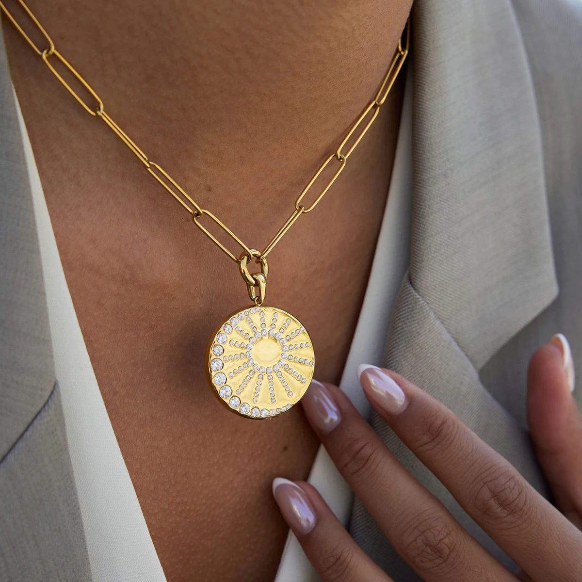 Minimalist Full Crystal Moon Sun Pendant Necklace