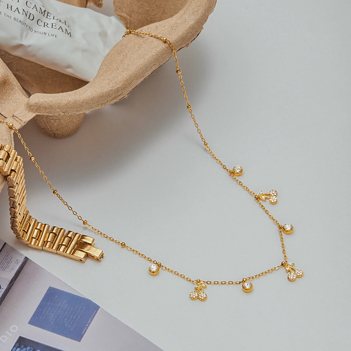 White Rhinestones Cherry Pendant Necklace