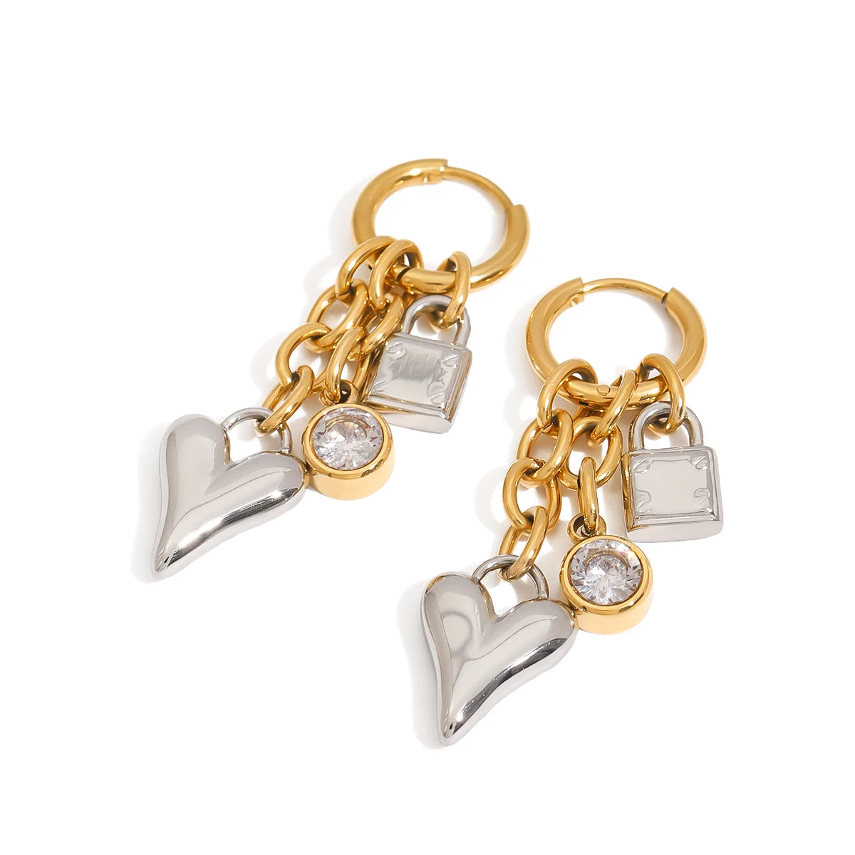 Minimalist Gold&Silver White Zircon Love Heart Lock Pendant Earrings