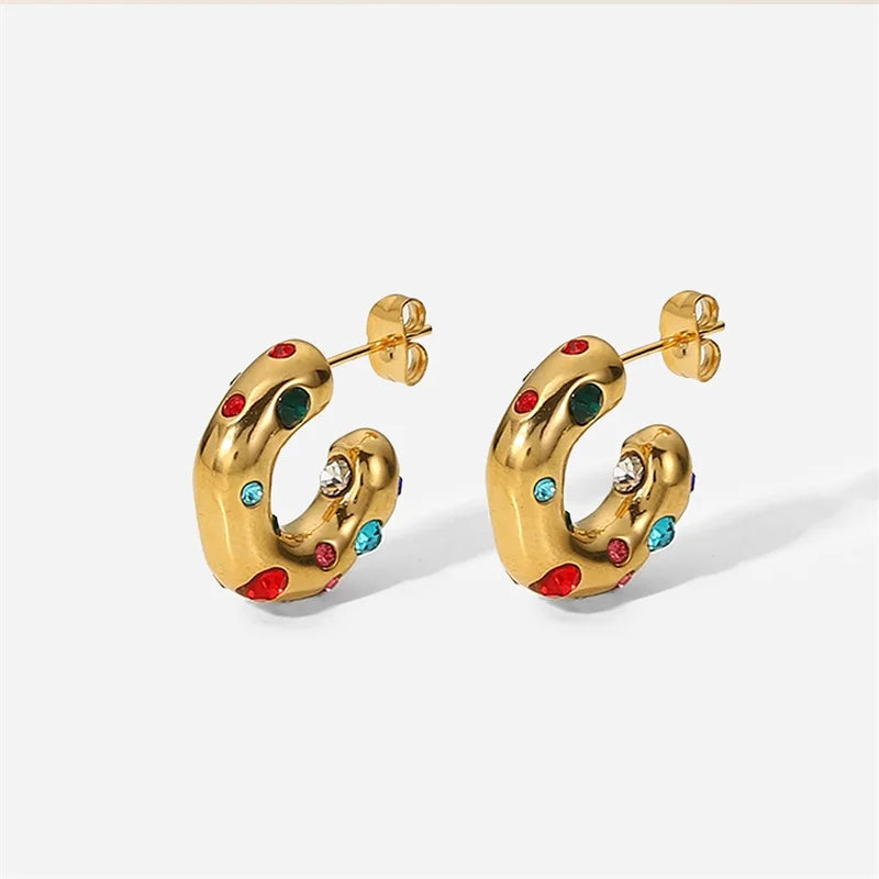 Stainless steel Earrings irregular C shape ear studs 18K Gold Plated Colored Zircon Jewelry For Women Simple Fashion Jewelry Gif