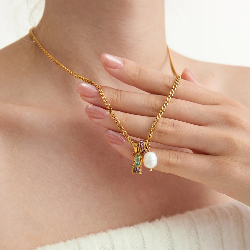 Lucky Zircon Bead Freshwater Pearl Pendant Necklace