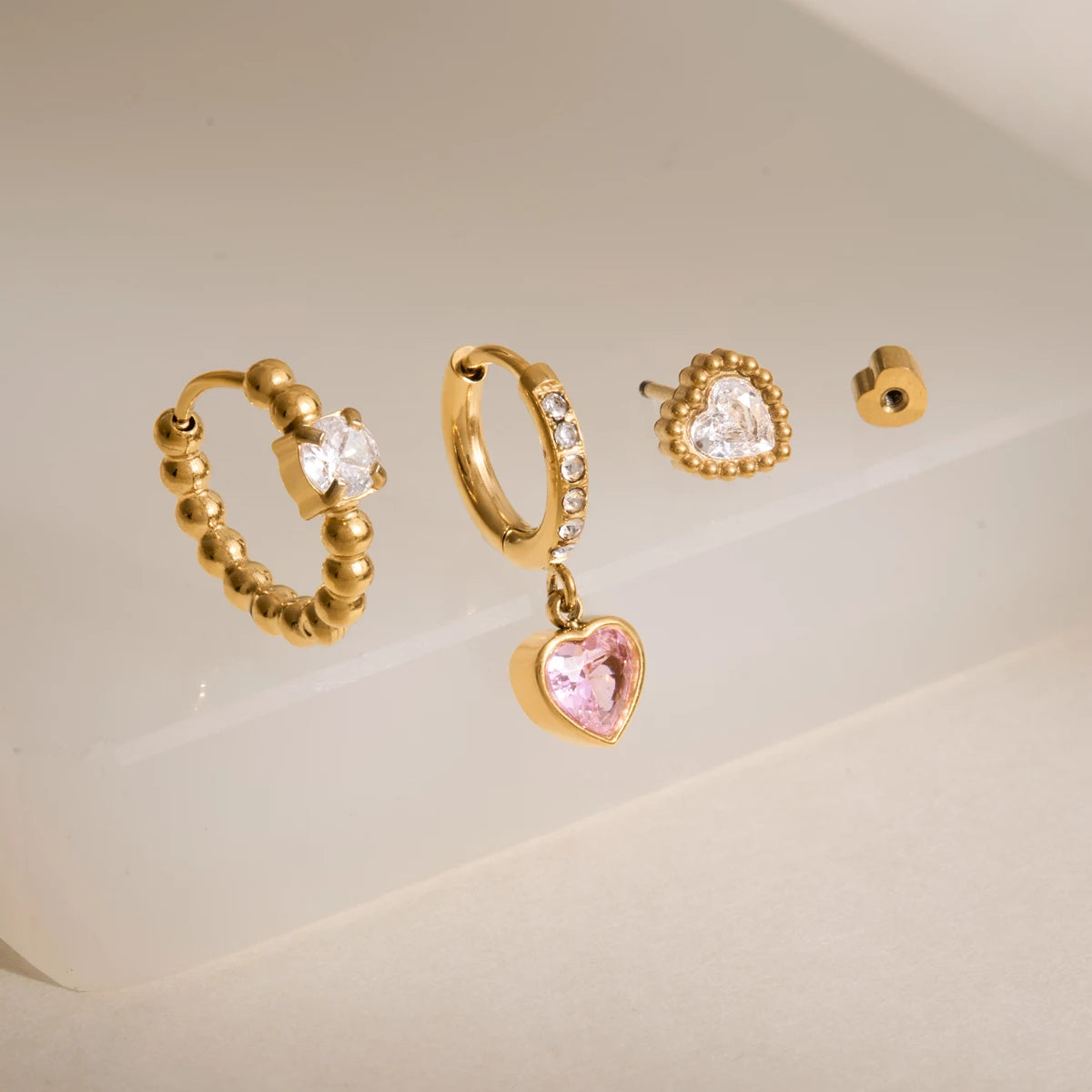 3pcs/set Sweet Pink Heart Zircon Pendant Drop Earring