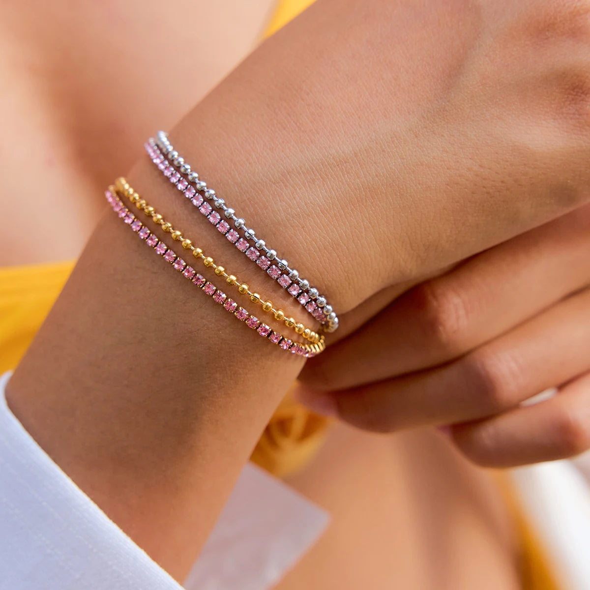 Pink Rhinestones Double Layers Chain Bracelet