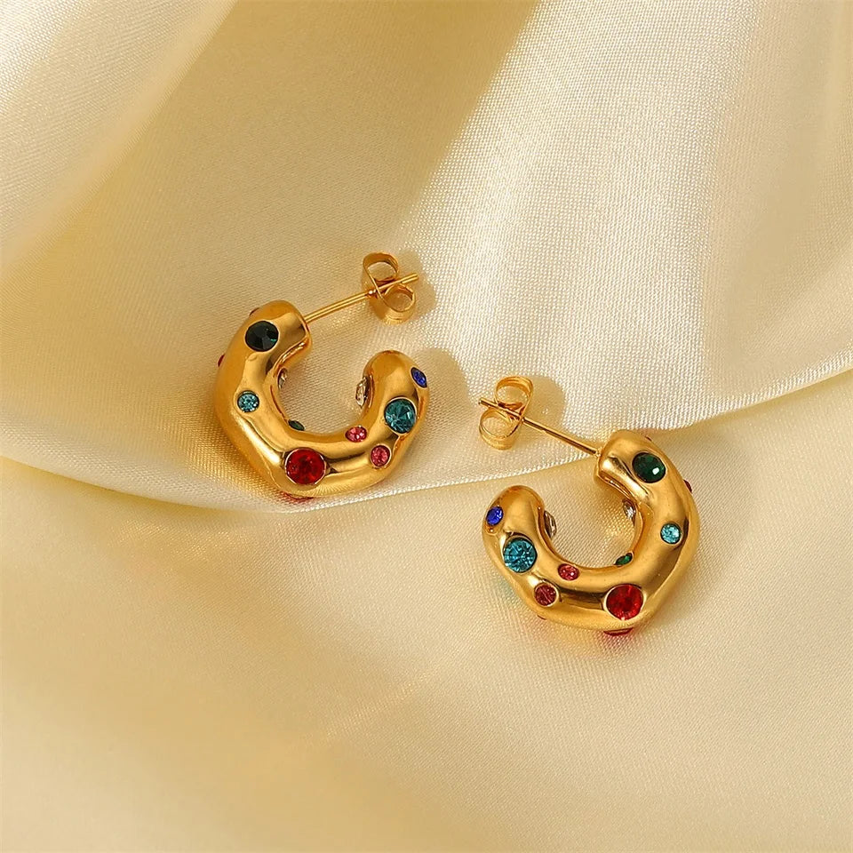 Stainless steel Earrings irregular C shape ear studs 18K Gold Plated Colored Zircon Jewelry For Women Simple Fashion Jewelry Gif