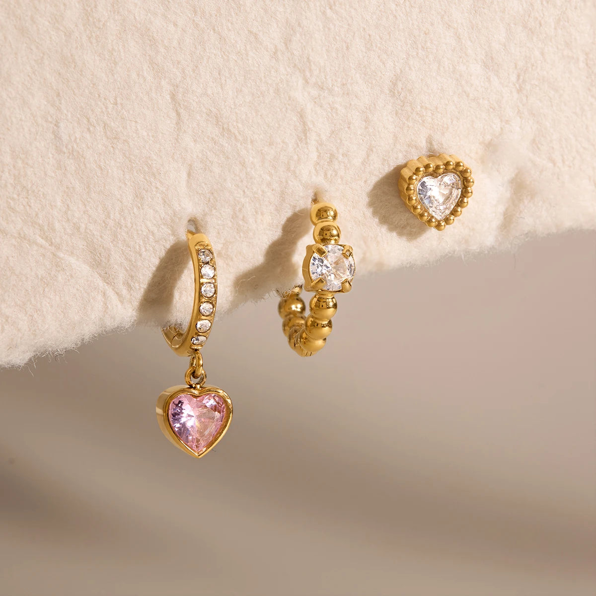 3pcs/set Sweet Pink Heart Zircon Pendant Drop Earring