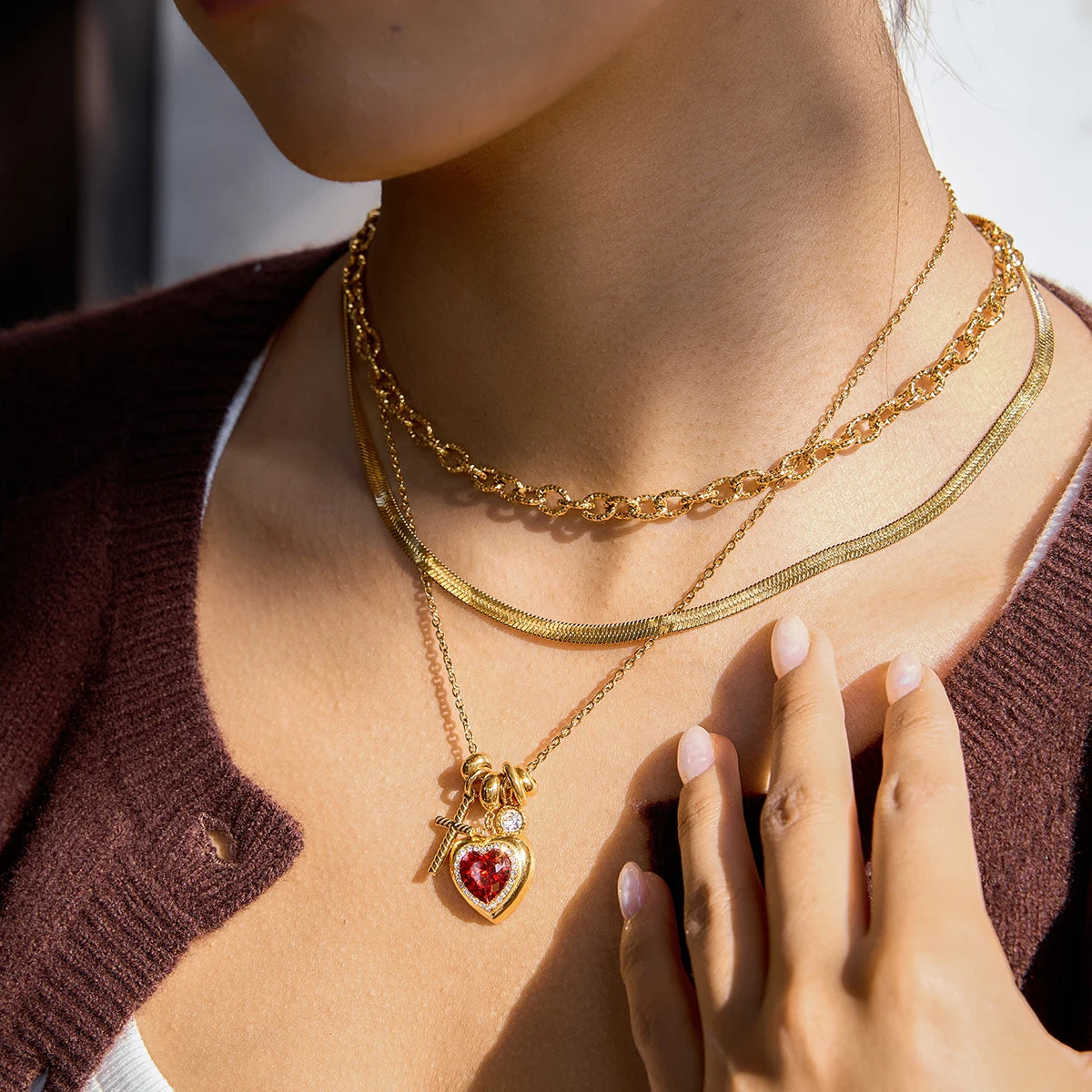 Romantic Red Zircon Heart Pendant Necklace