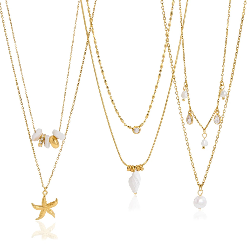 Double-layer Conch Starfish Pearl Peadant Necklace