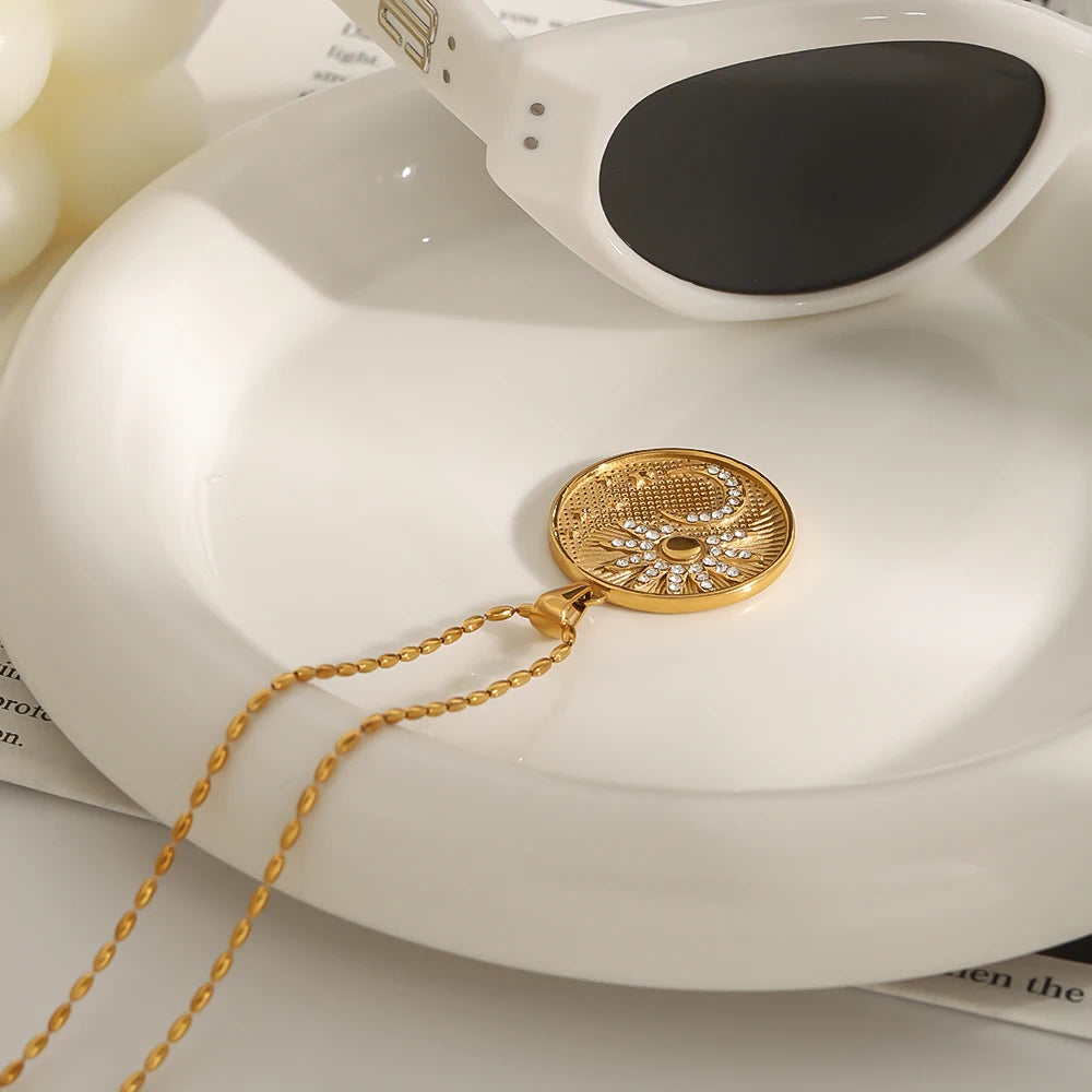 Classic Retro Gold Plated Stainless Steel White Zircon Sun Moon Star Circle Pendant Necklace