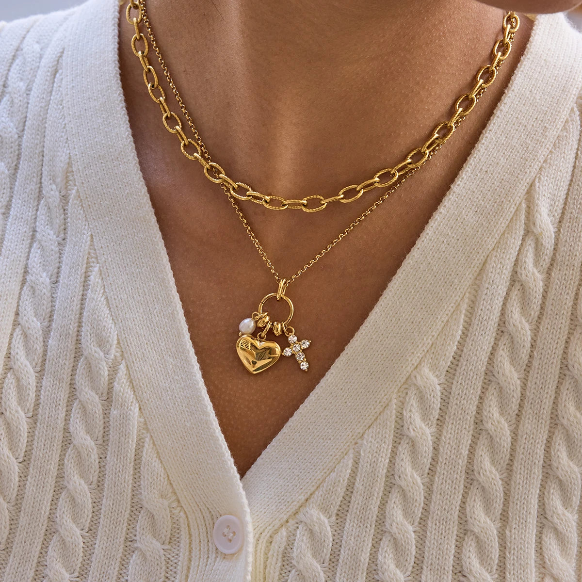 Freshwater Pearl Cross Heart Pendant Necklace