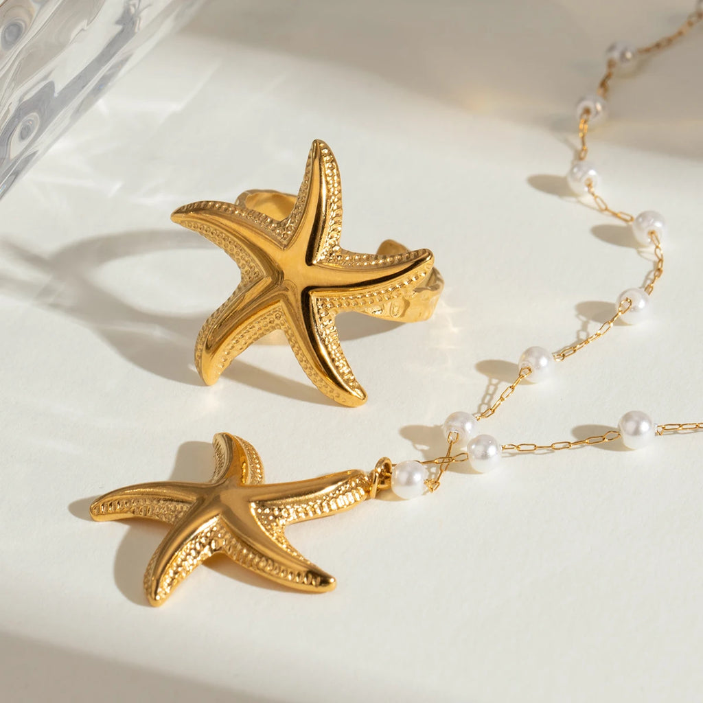 Patterned Starfish Imitation Pearl Necklace And Ring