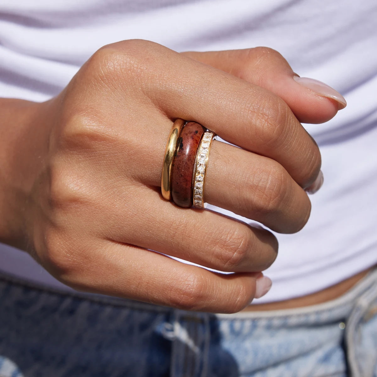 3Pcs/set Natural Stone Rhinestone Rings