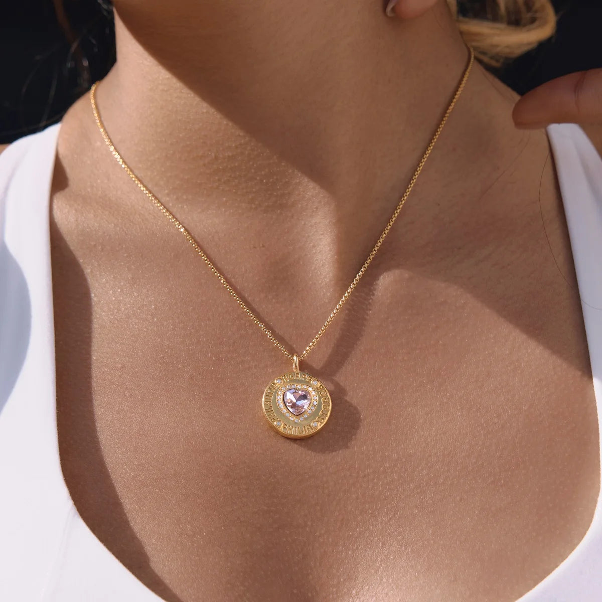 Crystal Heart Round Zircon Coin Pendant Necklace