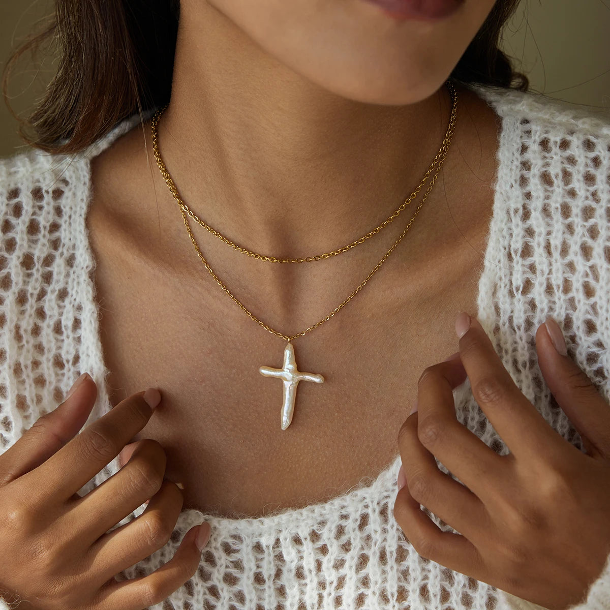 Classic Cross Shape Freshwater Pearl Pendant Necklace
