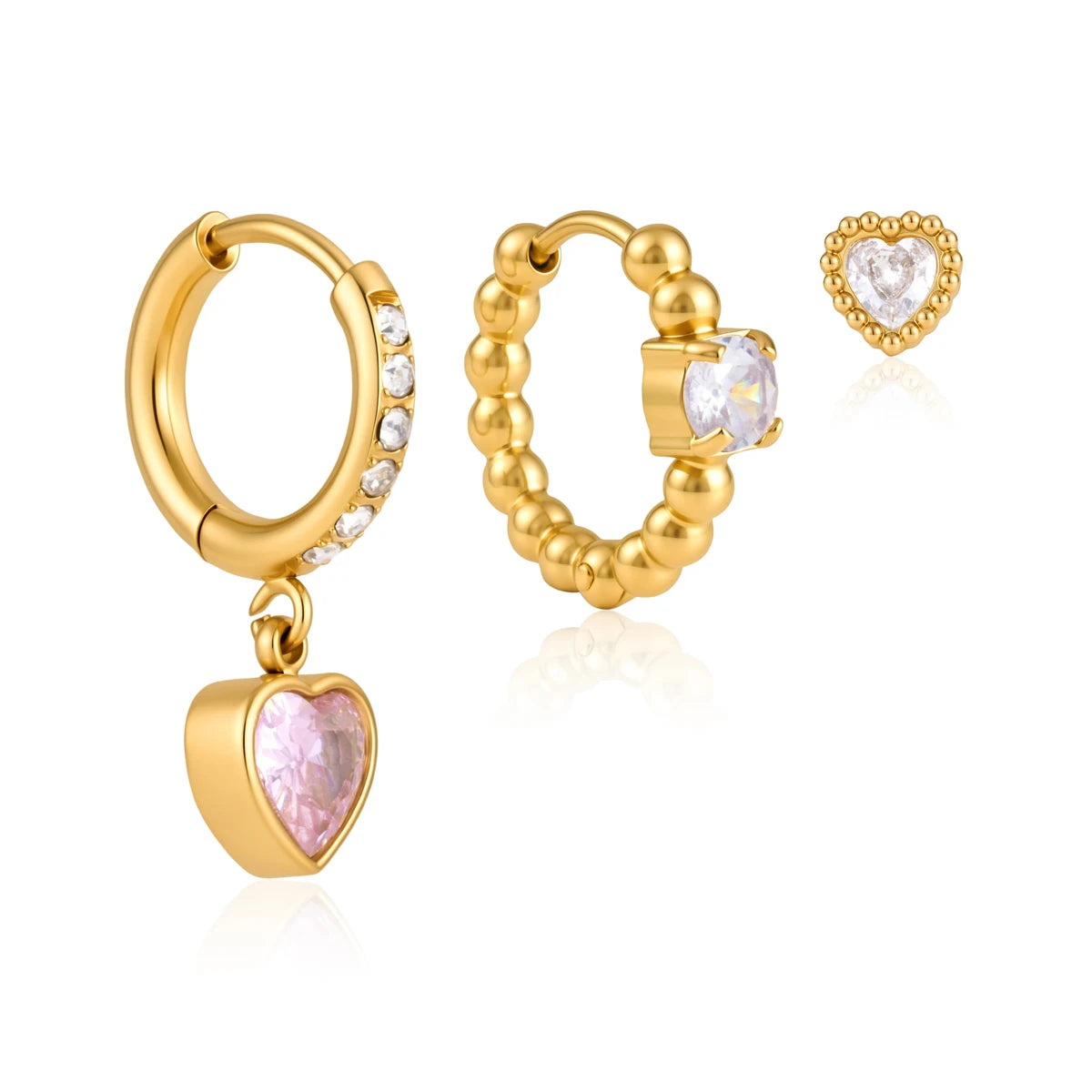 3pcs/set Sweet Pink Heart Zircon Pendant Drop Earring