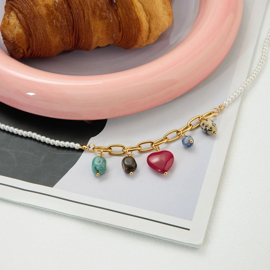 Elegant Pearl Chain Natural Stone Heart Pendant Necklace