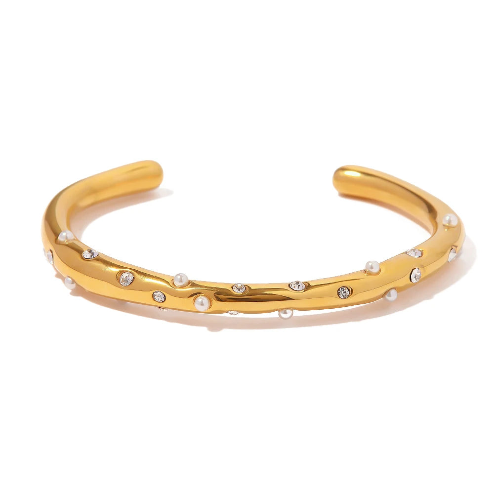 Stainless Steel Pearl Cubic Zirconia Geometric Open Cuff Bracelet