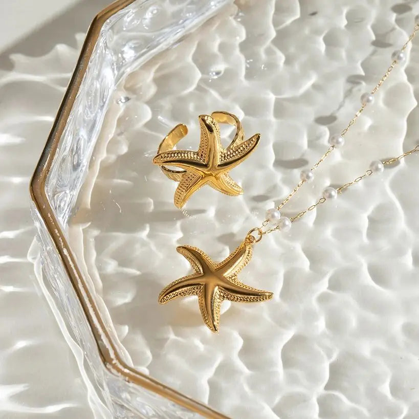 Patterned Starfish Imitation Pearl Necklace And Ring