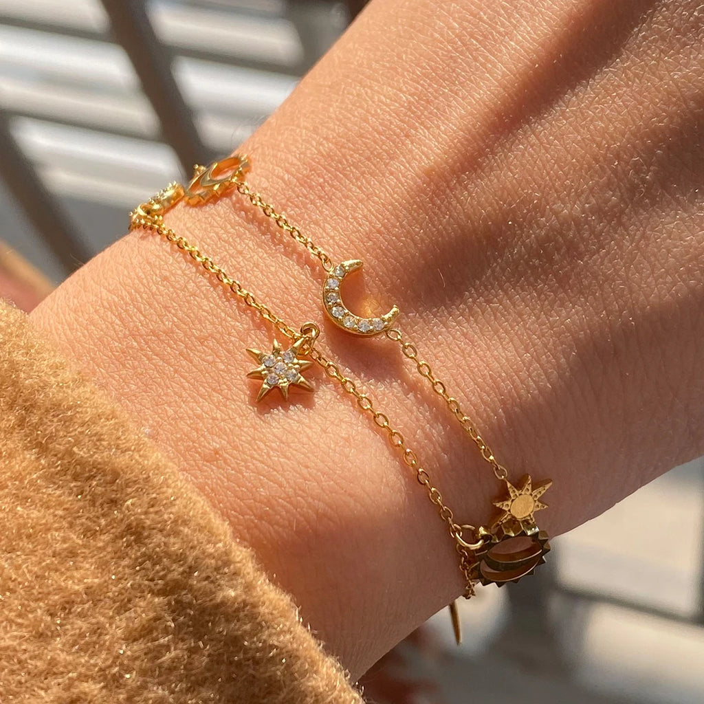Diamonds Star & Moon Charms Drop Bracelet