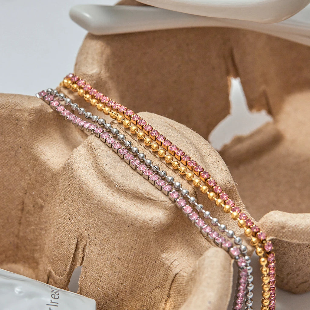 Pink Rhinestones Double Layers Chain Bracelet