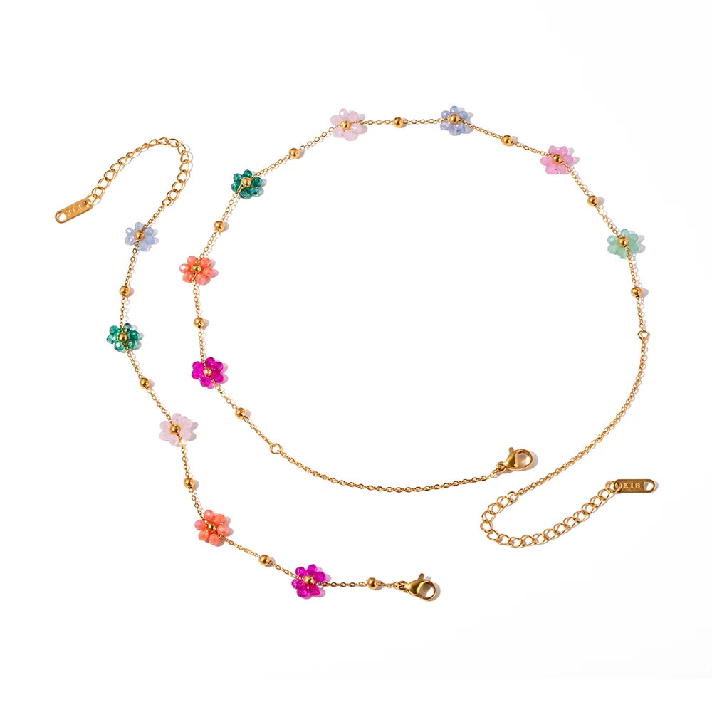 Colorful Floral Chain Bracelet Necklace Set