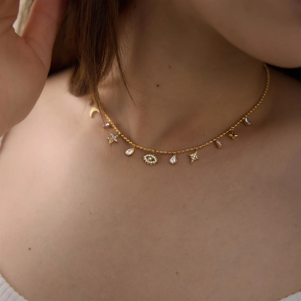Exquisite Zircon Eye Star Moon Pendant Necklace
