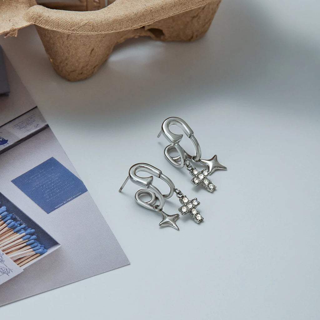 White Zirconia Cross Quadrangle Pendant Dangle Earring